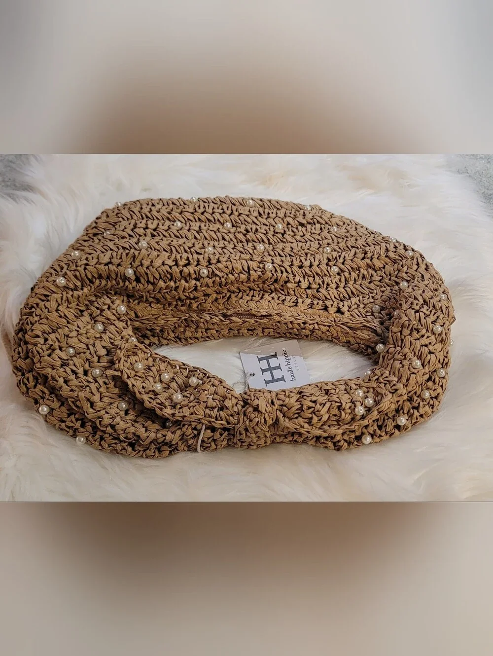 Haute Hippie Hand Bag Faux Pearls Natural Beige Straw Crescent Hobo Boho Coastal